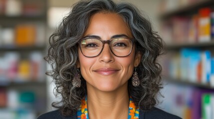 Portrait of a middle-aged woman with graying curly hair, wearing glasses and a colorful necklace.  She exudes confidence and warmth.