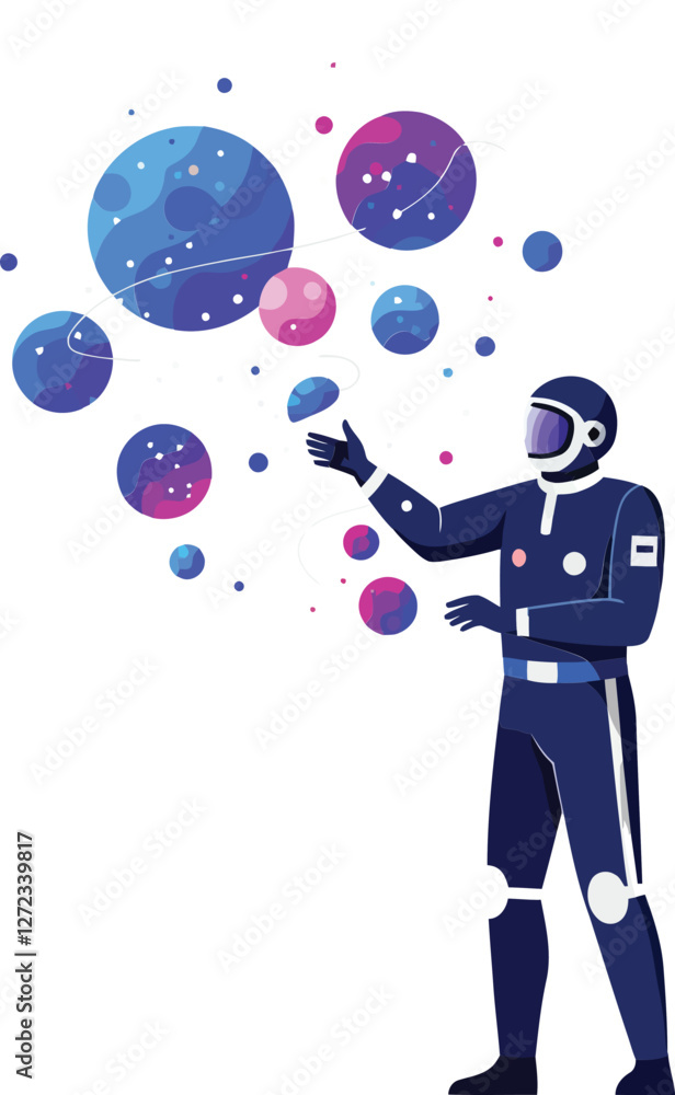 Poster astronaut exploring colorful bubbles in a minimal design vector illustration