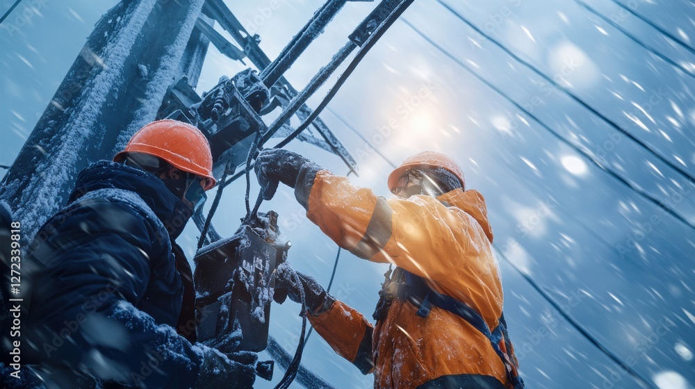Poster two men in orange jackets are working on a power line in the snow