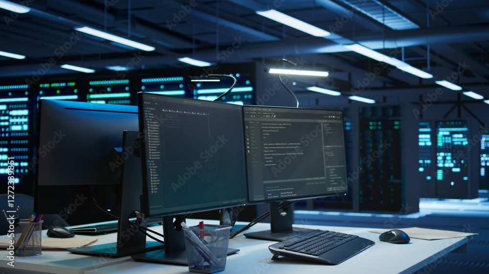 Poster multi monitor computer setup in data center used for monitoring security threats threatening rigs. t