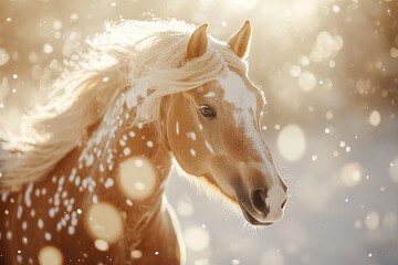 Majestic Spotted Horse in Winter Wonderland, Gracefully Posing under Golden Sunlight,  A Breathtaking Equine Portrait, Beautifully Captured.