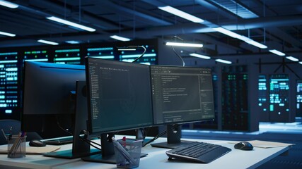 Multi monitor computer setup in data center used for monitoring security threats threatening rigs....