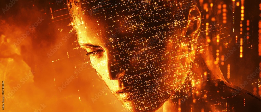 Poster womans face with digital overlay of glowing orange circuit board pattern, symbolizing artificial int