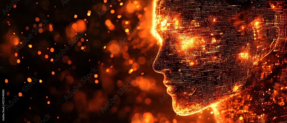 Aufkleber fiery digital human face composed of binary code against a dark, sparkling background concept of art