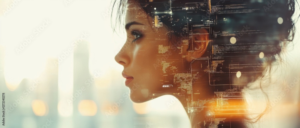 Poster profile of a young woman with a futuristic digital overlay of data and code, symbolizing artificial 