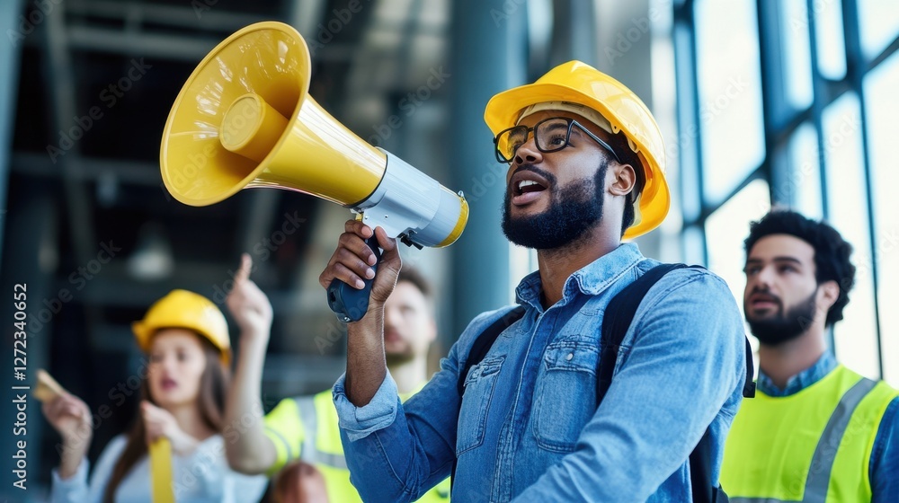 Poster a man with a megaphone is standing in front of a group of people