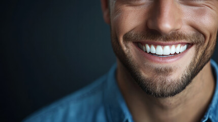 Obraz premium Close up of a handsome man smiling with white teeth, short beard, generative AI