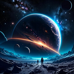 Fototapeta premium A man and woman are standing on a planet in space. The planet is surrounded by many other planets and stars. Scene is one of wonder and exploration