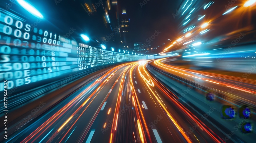 Poster a blur of numbers and symbols speeding through the digital highway of crypto transactions.