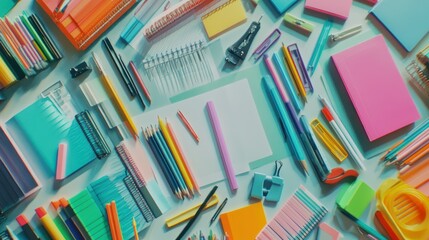 Colorful stationery flatlay; office supplies