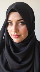Naklejka premium A Portrait of a Young Middle Eastern Woman Wearing a Black Hijab with Striking Blue Eyes Against a Neutral Background, Symbolizing Cultural Beauty and Identity