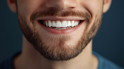 Obraz premium Close up of a handsome man smiling with white teeth, short beard, generative AI