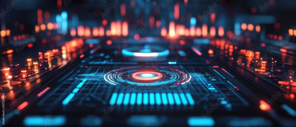 Poster futuristic technology interface with glowing lights and circular design scifi control panel with red