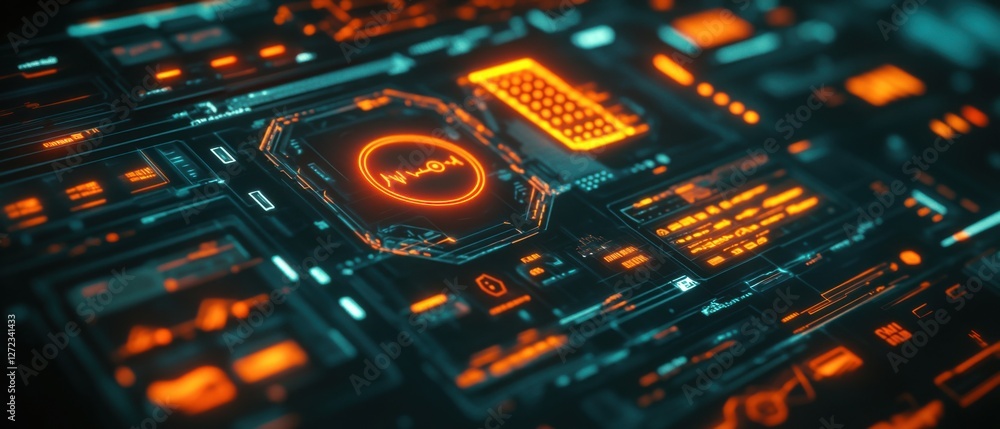 Poster futuristic technological interface with glowing orange and teal lights, displaying data and a heartb