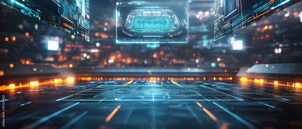 Poster futuristic smart city command center with holographic displays of stadium and data streams concept o