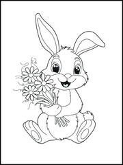 Illustration of a cute bunny cartoon character holding a flower bouquet. Black and white Printable rabbit coloring page for kids.
