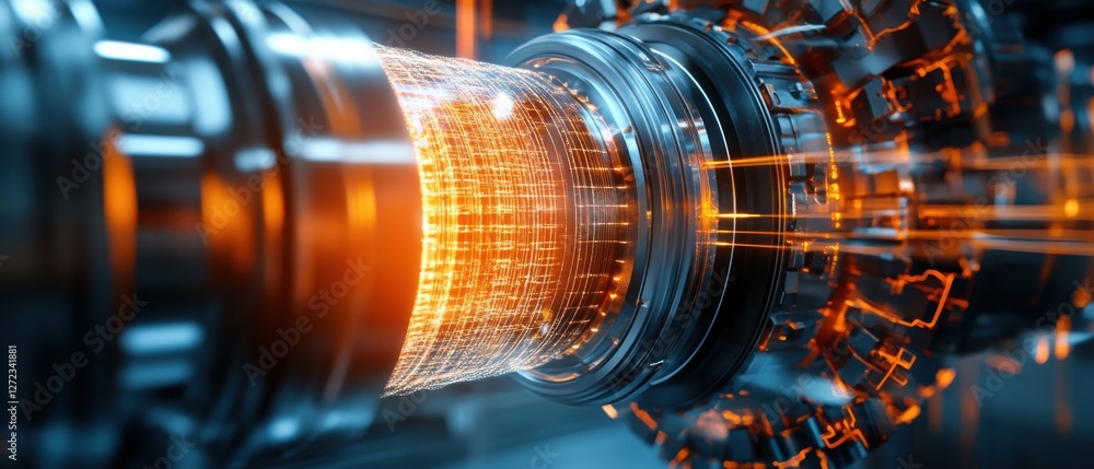 Poster futuristic engine with glowing energy core: advanced technology and innovation in engineering