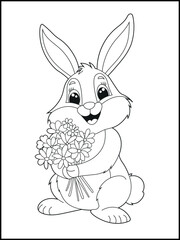 Illustration of a cute bunny cartoon character holding a flower bouquet. Black and white Printable rabbit coloring page for kids.
