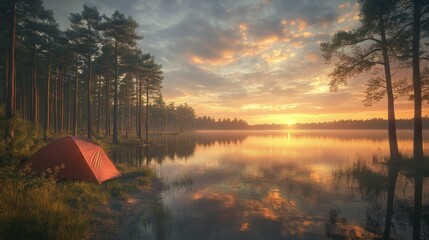 Sunrise lake camping tent serene forest landscape
