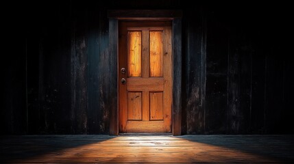Fototapeta premium Open Door with Bright Light Mysterious Atmosphere Warm Glow Chiaroscuro Dramatic Shadows