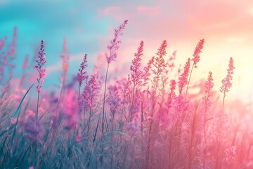 Beautiful Pink Wildflowers Sunset Meadow Summer Nature Scene Peaceful Serene Tranquil Romantic Soft Light Pastel Colors Vibrant Field Floral          