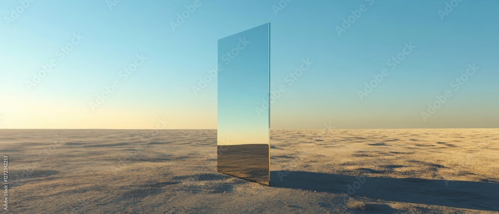 Leinwandbilder reflective mirror standing in a vast, empty desert landscape at sunset surreal and minimalist concep