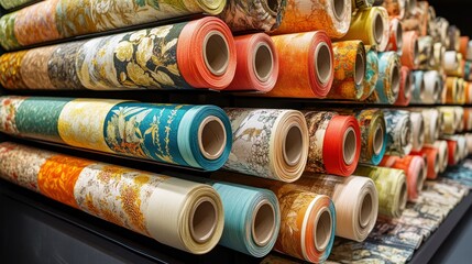 Colorful fabric rolls store display