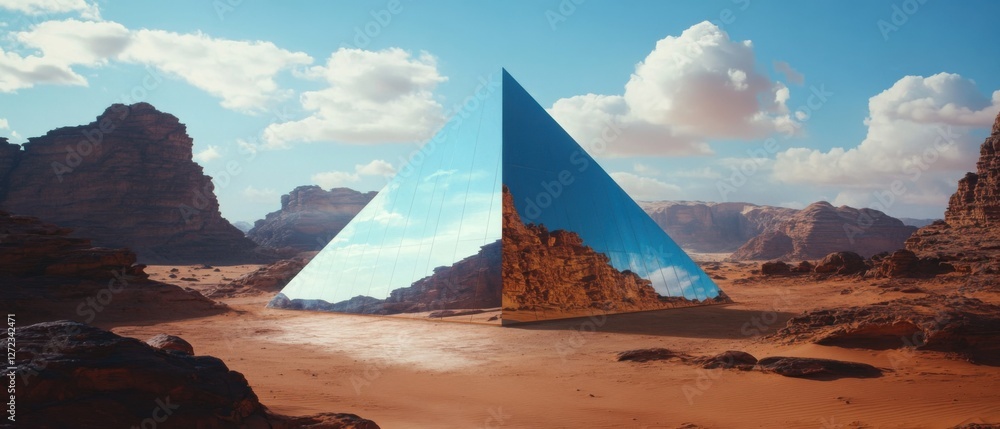Poster mirrored pyramid reflecting blue sky and clouds in a vast desert landscape surreal art and conceptua