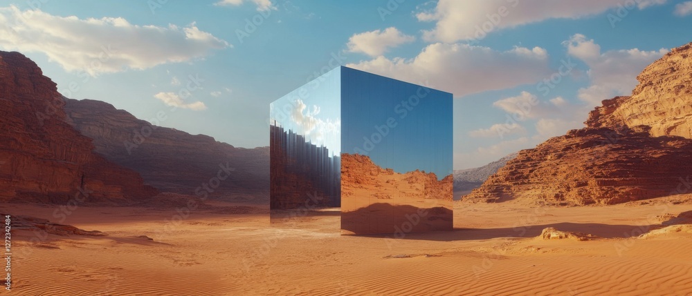 Poster reflective metallic cube in a vast desert landscape, mirroring the sky and surrounding rock formatio