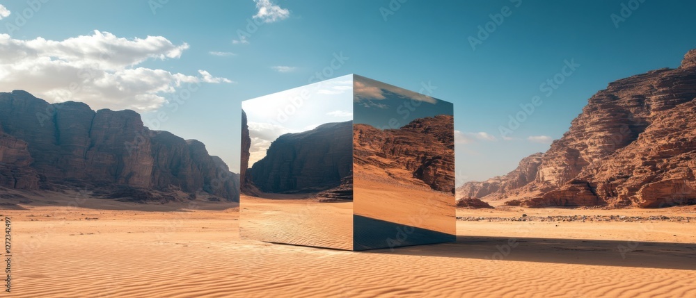 Poster reflective metallic cube in wadi rum desert, jordan surreal landscape with mirrored monolith reflect