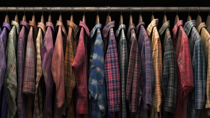 Plaid shirts hanging, dark closet, retail