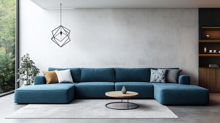Teal sectional sofa in modern living room with minimalist design and soft lighting