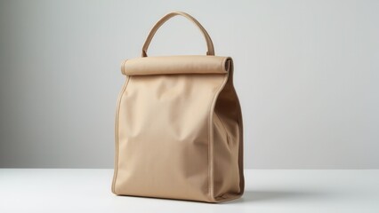 A beige lunch bag with a handle and a rolled top closure, placed on a white surface against a plain background.