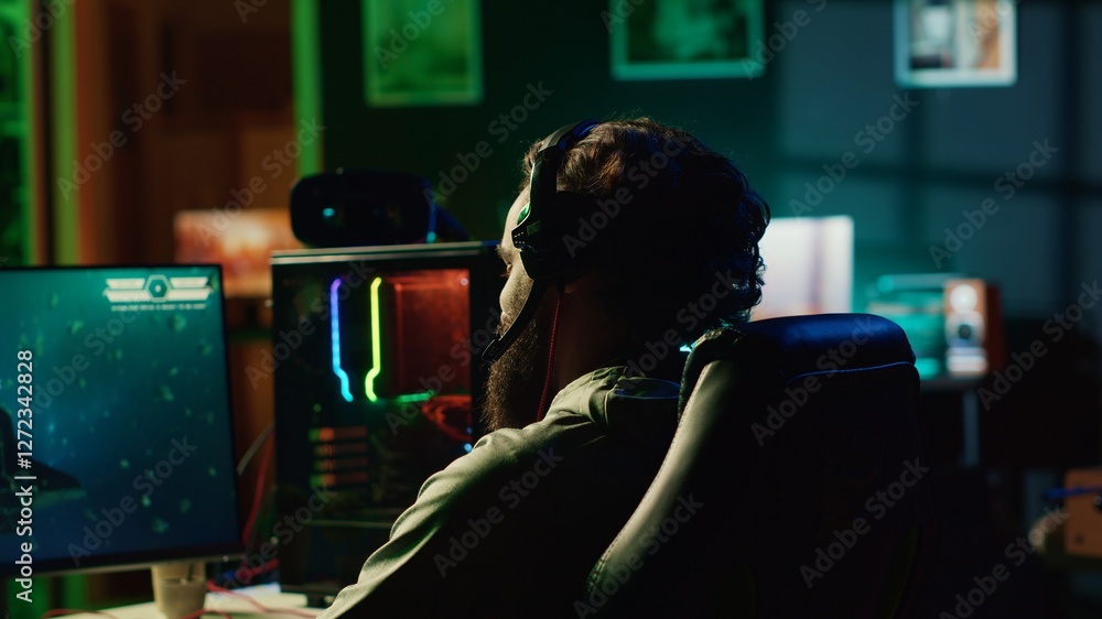 Poster gamer receiving game over screen, getting his spaceship destroyed in huge explosion while flying in 