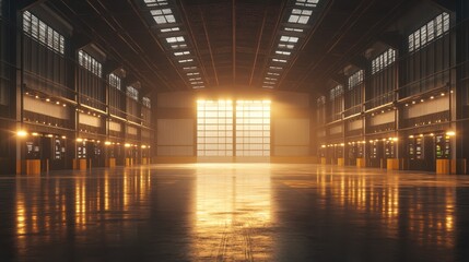 warehouse setup with digital inventory board, ambient light on data points,  with supply chain outline