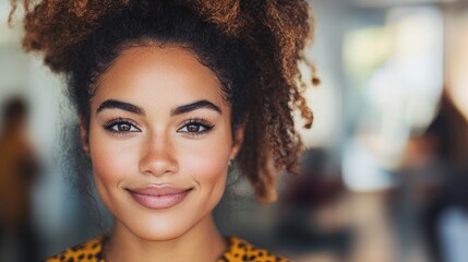 Fototapeta premium Close-up portrait of a young Black woman with a warm smile, showcasing her natural beauty and confident expression.