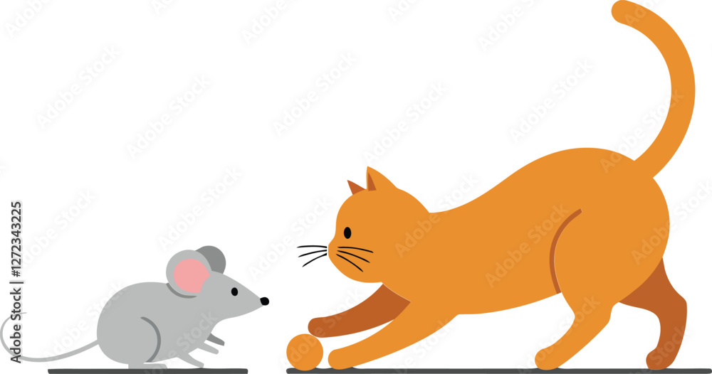 Poster cat and mouse interaction in playful chase flat vector illustration