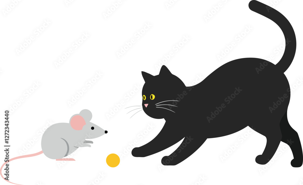 Poster black cat chasing gray mouse in playful scene with minimal style vector art