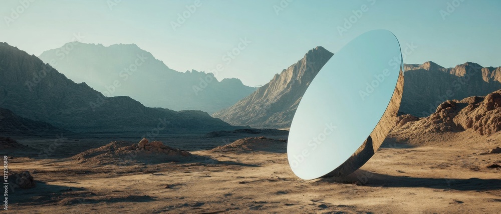 Poster large circular mirror in a barren desert landscape with mountains, reflecting the sky surreal and mi