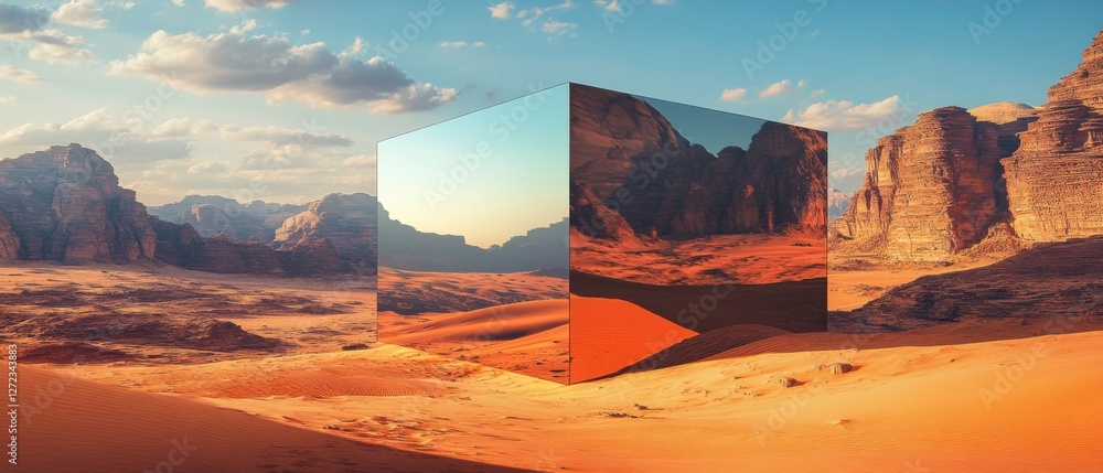 Poster surreal desert landscape with reflective cube at sunset: wadi rum, jordan mysterious mirrored monoli