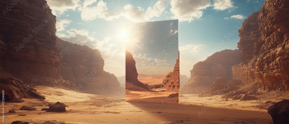 Poster Surreal desert landscape with a transparent portal revealing a different time of day or parallel dimension Concept of time travel, alternate reality, and the unknown