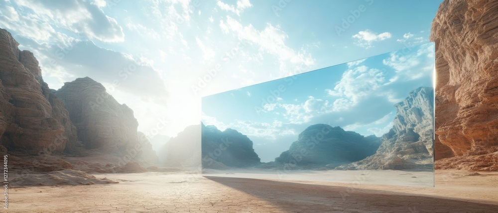 Poster surreal desert landscape with large mirror reflecting a different sky and mountains concept of paral
