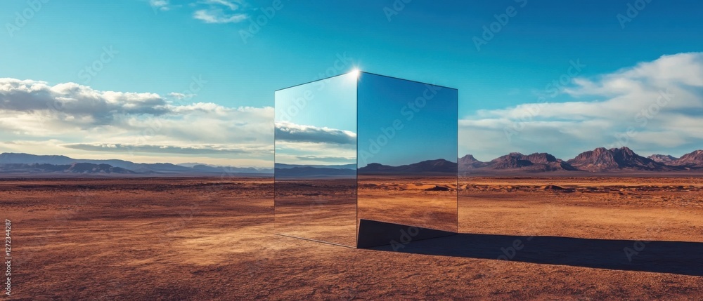 Poster mirrored cube reflecting desert landscape with mountains and cloudy sky modern art installation in a