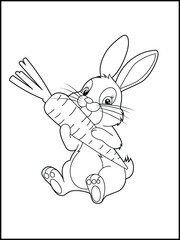 Illustration of a cute bunny cartoon character eating a big carrot. Black and white Printable rabbit coloring page for kids.
