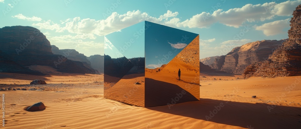 Poster reflective metallic cube art installation in a vast desert landscape with a lone person exploring, w