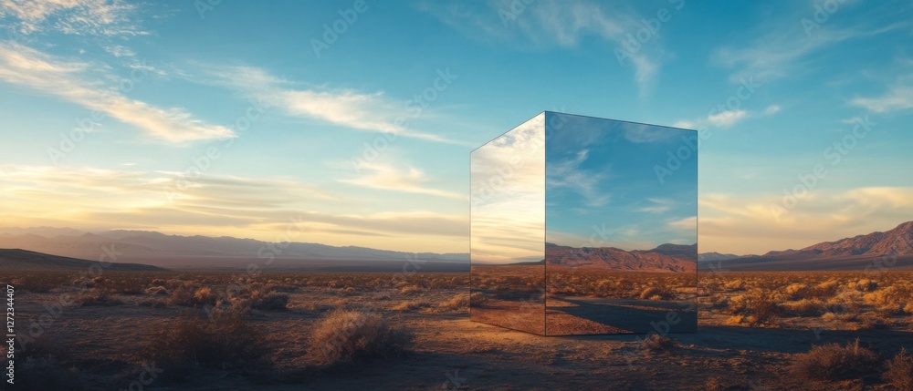 Poster mirrored cube reflecting desert landscape at sunset modern art installation in arid environment conc