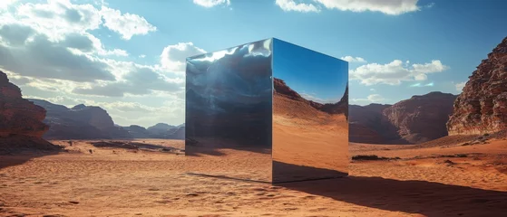 Fototapeten Reflective metallic monolith in the Wadi Rum desert, Jordan Futuristic cube mirroring the dramatic landscape under a cloudy sky Concepts of mystery, art installation, and surrealism © Fernando