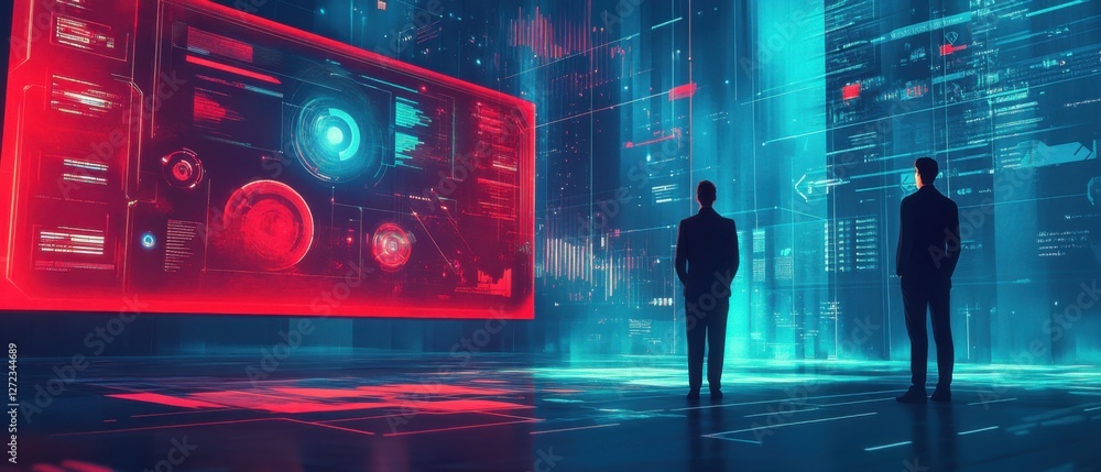 Aufkleber two businessmen looking at futuristic holographic interface with data analysis and graphs in a dark 