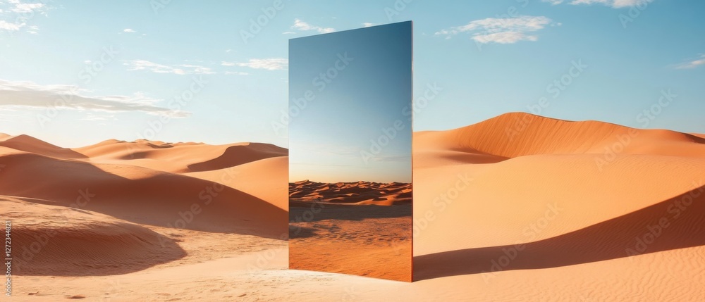 Poster surreal desert landscape with reflective monolith at sunset abstract concept of illusion, reality, a