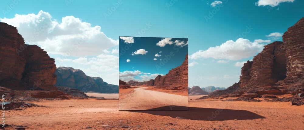 Poster Surreal desert landscape with a large mirror reflecting a different perspective of the same location Concept of parallel universes, altered reality, and illusion